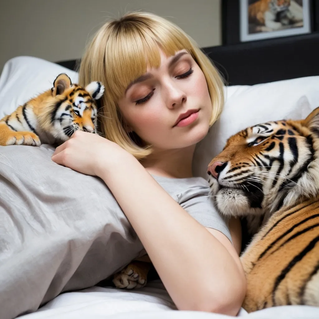 Prompt: Blonde Female with chin-length bob haircut with bangs. She sleeps with a tiger in her bed and it’s actually her pet.