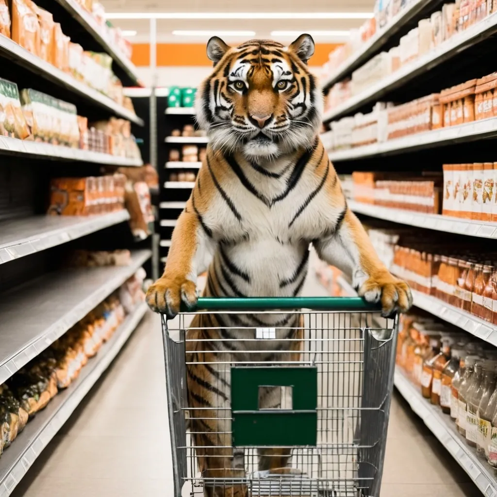 Prompt: Bengal Tiger goes shopping in the grocery store.