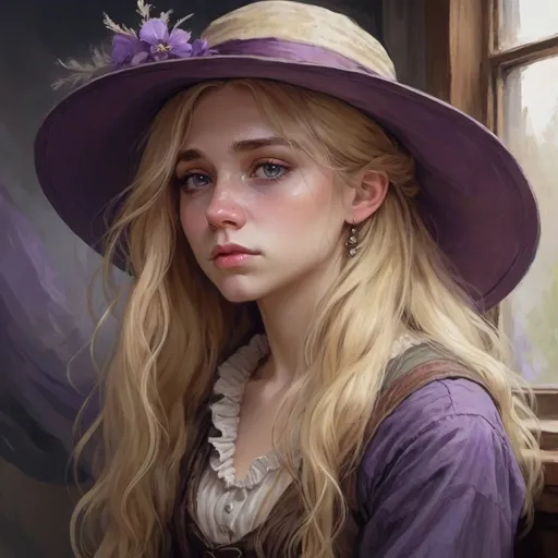 Prompt: DND art, circular token,  girl, victorian painting,resilient,  long  messy hair, sad yet hopeful,  wearing a hat,noble, what comes after pain, learning to live, blonde, violet eyes, ethereal beauty, extremely beautiful