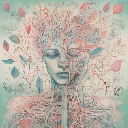 Prompt: illustration of the central nervous system in pastel colors, at the top is the brain and at the ends some scientific illustration-style leaves emerge. aiflora, synthography