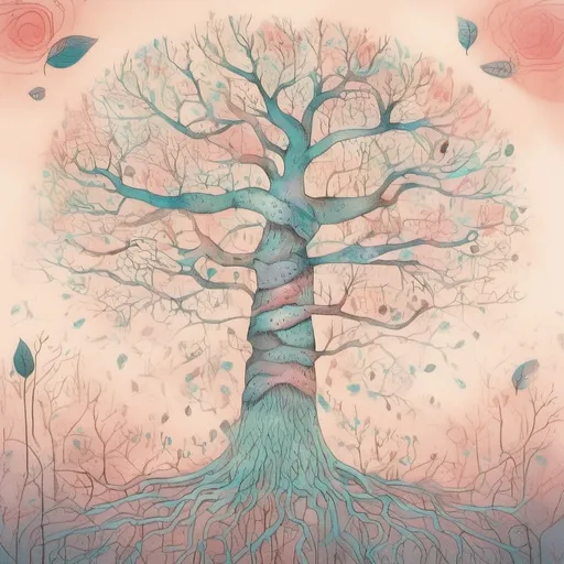 Prompt: 
illustration of the central nervous system like a tree and its roots in pastel colors, at the top is the brain and at the ends some scientific illustration-style leaves emerge. aiflora, synthography