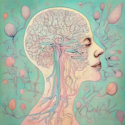 Prompt: illustration of the nervous system in pastel colors, at the top is the brain and at the ends some scientific illustration style leaves come off