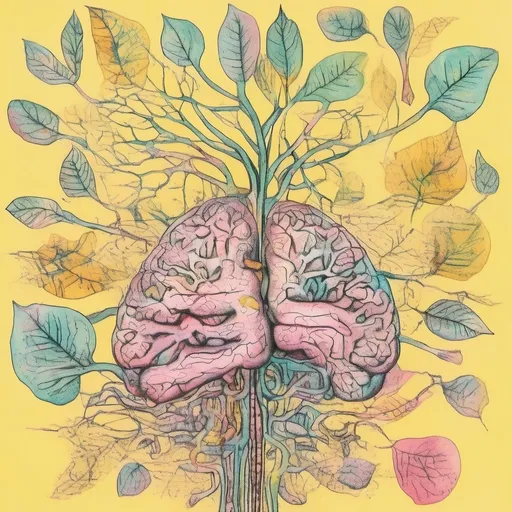 Prompt: illustration of the central nervous system in pastel colors, at the top is the brain, in the middle is the heart and at the ends some scientific illustration style leaves emerge. aiflora, synthography. the background of the illustration in pastel yellow