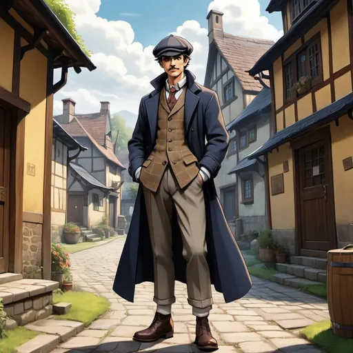 Prompt: A generic goon, three-piece suit, oxford laced boots, a newsboy cap, a detachable collar shirt, and a heavy overcoat, small mustache, anime style, fantasy medieval background, small village