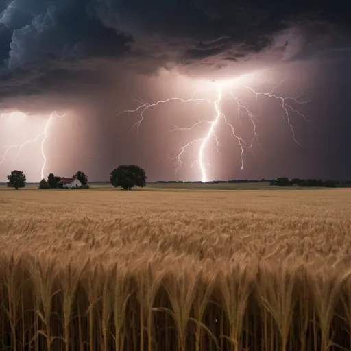 Prompt: A dramatic landscape photo of a lightning storm raging over a vast wheat field. The intense bolts of lightning illuminate the dark clouds, casting an eerie glow on the golden stalks of wheat. In the distance, a farmhouse stands silhouetted against the stormy sky.
