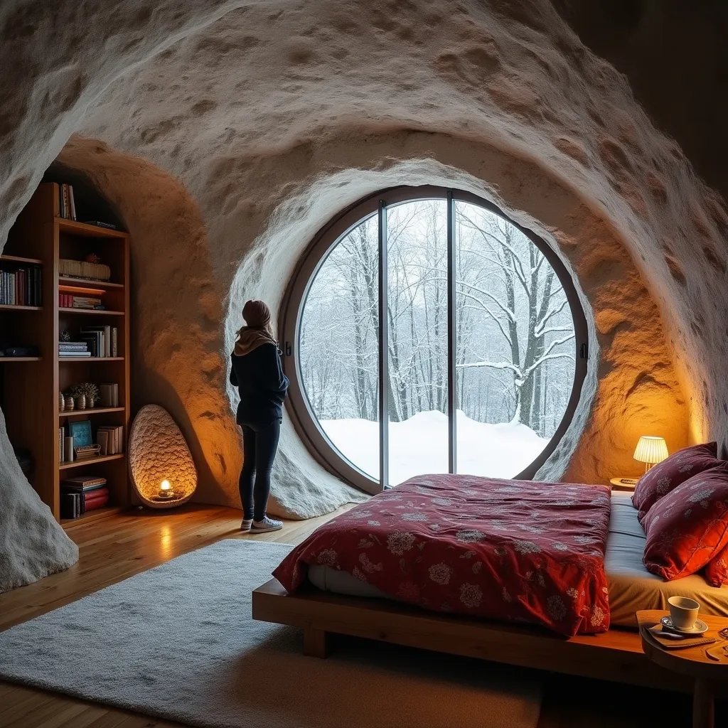 Prompt: A cozy, modern bedroom built inside a natural cave, featuring smooth stone walls and a large circular window with a snowy forest view. A person stands peacefully, gazing out at the snow through the window. The room is warmly lit with soft, ambient light, and contains a neatly made bed with red floral bedding, a bookshelf, and a small wooden table with tea cups. The atmosphere is serene and warm, contrasting with the cold winter landscape outside.