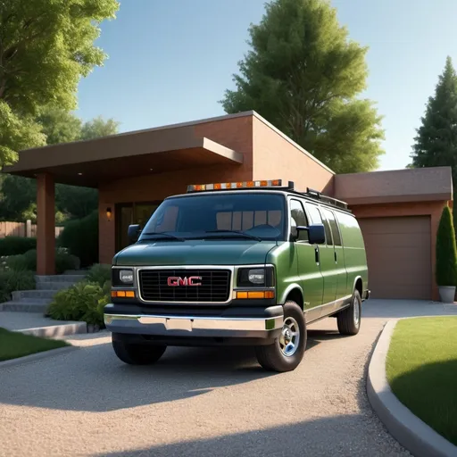 Prompt: photorealistic, (realism) photo of a GMC Vandura, parked in a (well-kept) driveway, detailed textures on the vehicle, sun casting soft shadows, lush green landscaping surrounding the driveway, clear blue sky overhead, (highly detailed) foreground with small pebbles, ambient lighting creating a serene atmosphere, (4K) resolution, capturing an essence of everyday beauty.