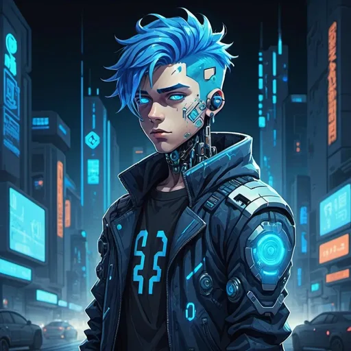 Prompt: cyborg boy, blue hair, luminescent blue eyes, cyberpunk clothing, in a futuristic pixel art style night city