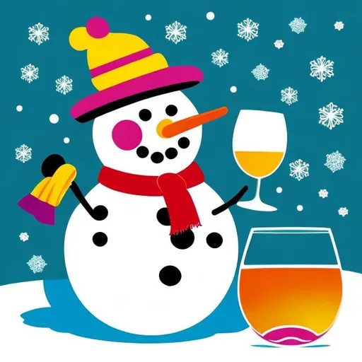 Prompt: colorful snowman drinking white wine, Thick black line illustration in the style of Roger Hargreaves