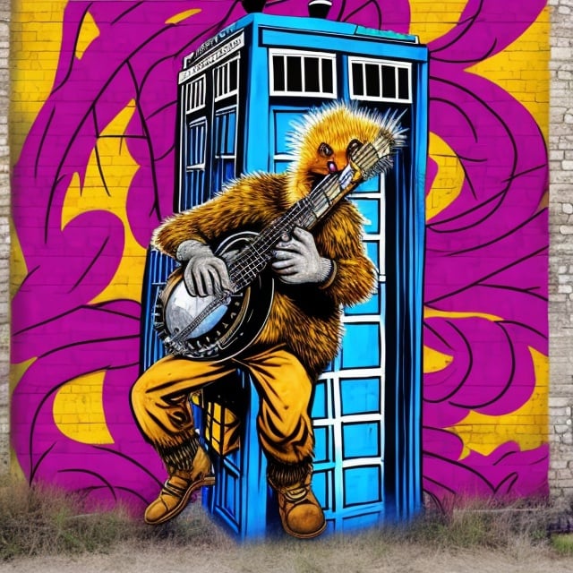 Prompt: wall graffiti art of porcupine with banjo, pop surealism, in the style of Jack Kirby, tardis