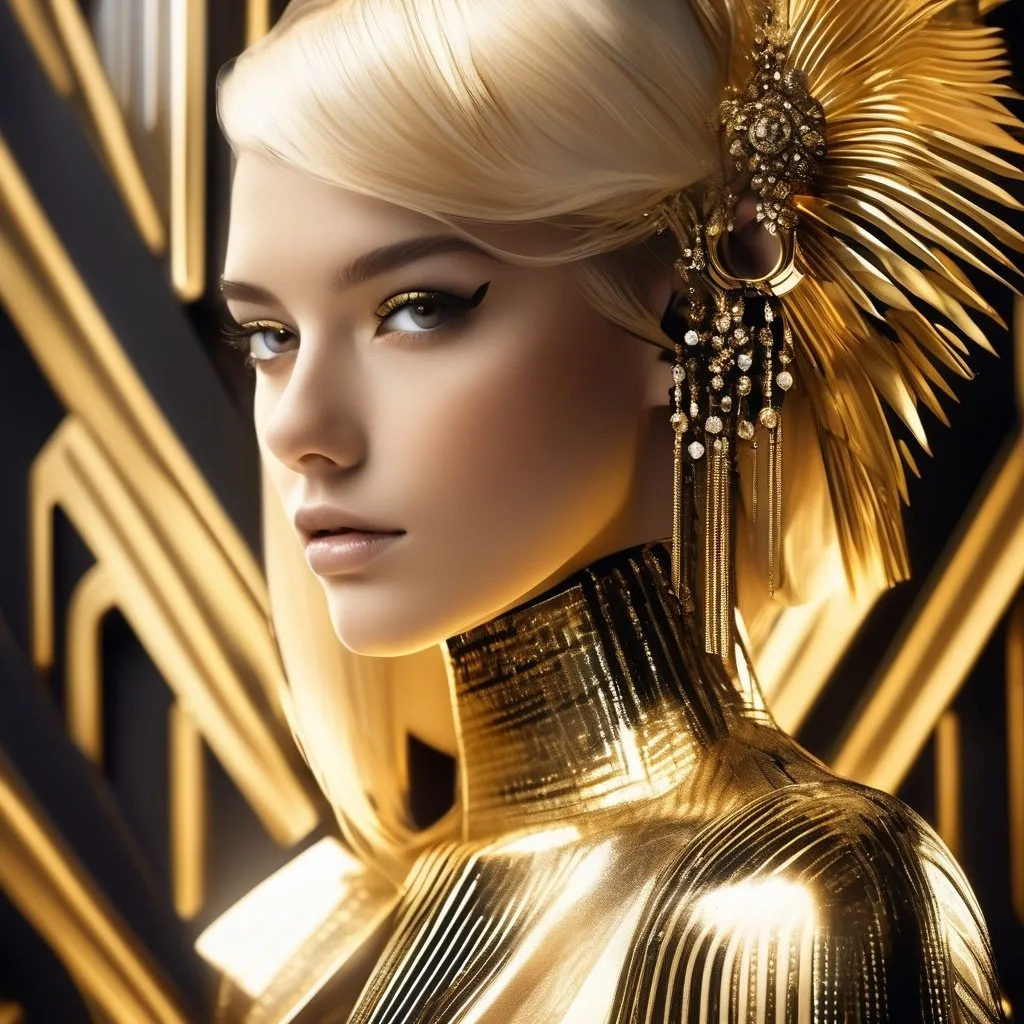 Prompt: portrait, close up, light hair, female with cyber implants standing in an art deco penthouse, black and gold, jeweled, high contrast