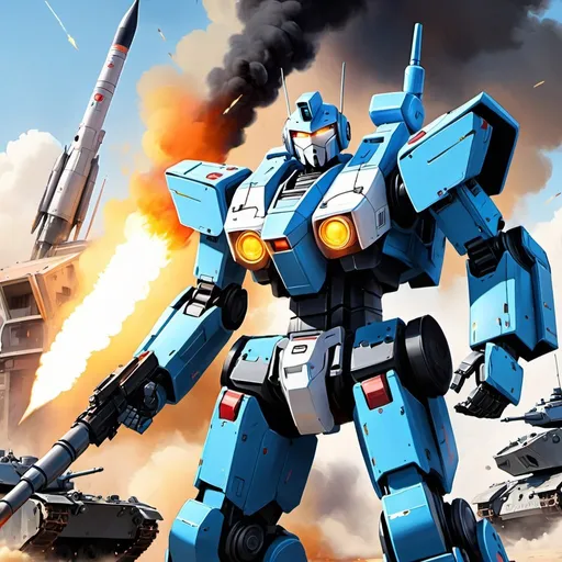 Prompt: Please produce a painted portrait of anime robot as tall as a building firing missiles on tanks, highly detailed, digital painting, art station, concept art, smooth, sharp focus, illustration, war, action