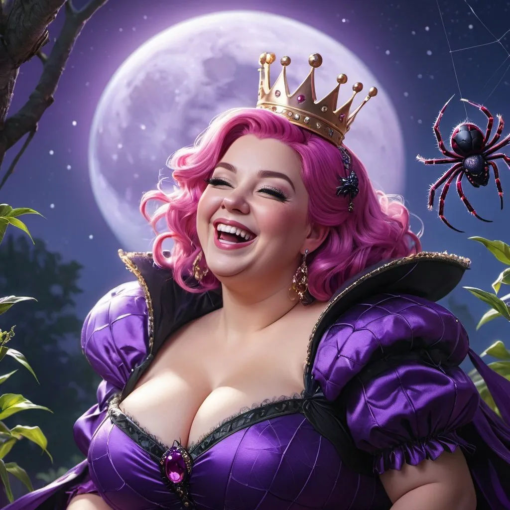 Prompt: Long shot, detailed painting, overweight queen, laughing, purple skin, pink hair, outdoor, spiders, HDR, UHD, 64K, highly detailed, studio lighting, Professional, trending on artstation, moon