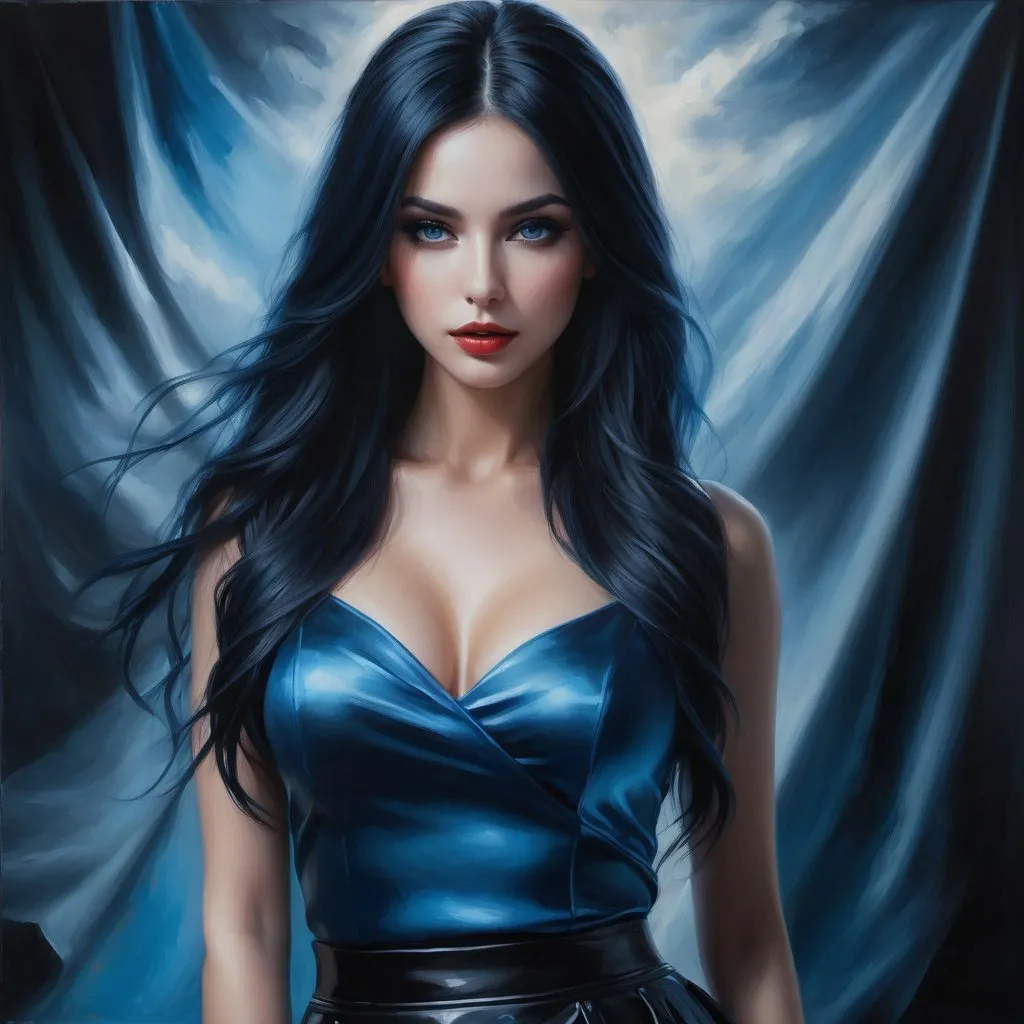 Prompt: oil painting, hd quality, UHD, hd , 8k, hyper realism, heavy metal dark fantasy, heavy metal dark fantasy atmosphere, panned out view with full character shown, blue skin female, unnaturally, extremely, medium blue skin female medium blue skin medium blue skin with medium blue skin, she has long black hair, wears black skirt