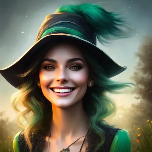 Prompt: head shot, detailed painting, skinny witch, laughing,  green hair, outdoor, ghosts, HDR, UHD, 64K, highly detailed, studio lighting, Professional, trending on artstation, harvest moon