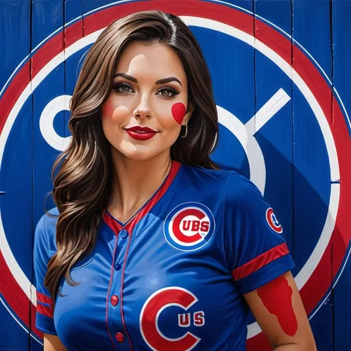 Prompt: Please produce a painted portrait of a brunette woman with chicago cubs baseball, red & blue body paint, Cubs logo,  ((Giant extra huge massive chest))