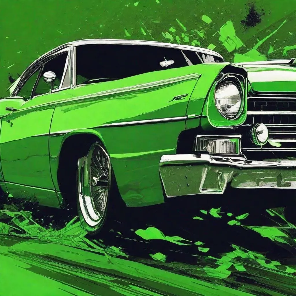 Prompt: green half tone image of hulk smashing a car
