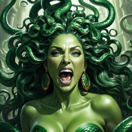 Prompt: Please produce a painted portrait of medusa screaming, intricate, elegant, highly detailed, digital painting, art station, concept art, smooth, sharp focus, illustration, ((Giant extra huge massive chest)), green skin, snakes
