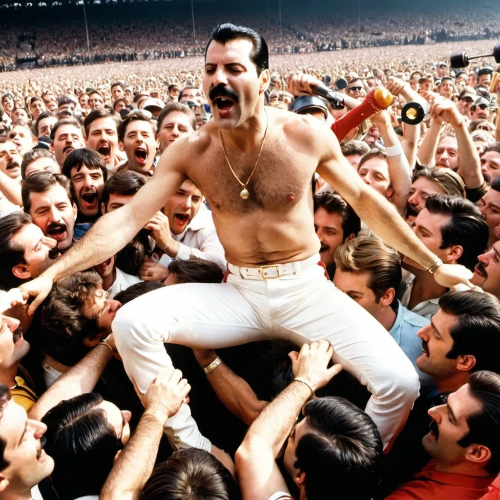 Prompt: Freddie Mercury, queen, crowd surfing, in America