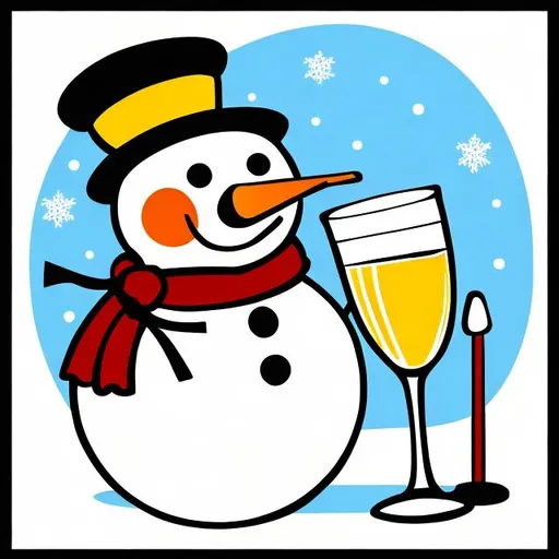 Prompt: drunk snowman drinking white wine, Thick black line illustration in the style of Roger Hargreaves