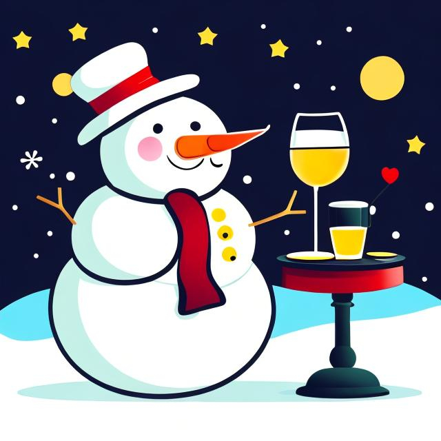 Prompt: fat snowman drinking white wine, Thick black line illustration in the style of Roger Hargreaves