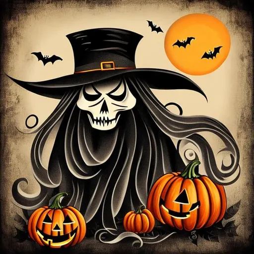 Prompt: Halloween graphic drawing, vintage retro look, Ghost, spider, skeleton, goblin, bat
