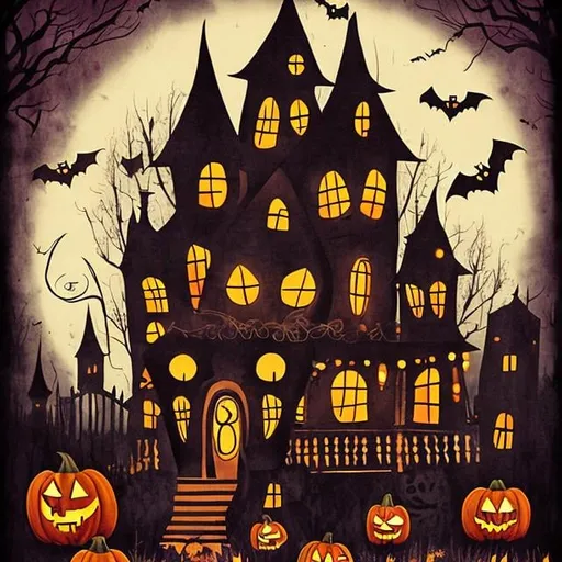 Prompt: retro, beistle, Halloween, vintage, decoration, skeleton, witch pumpkin, goblin, bat, haunted house, johanna parker