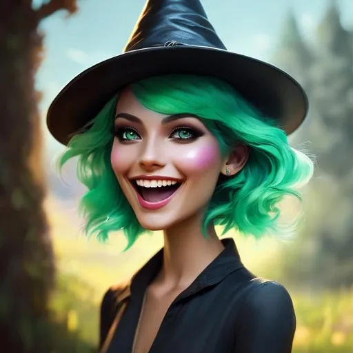 Prompt: head shot, detailed painting, skinny witch, laughing,  green hair, outdoor, ghosts, HDR, UHD, 64K, highly detailed, studio lighting, Professional, trending on artstation, harvest moon