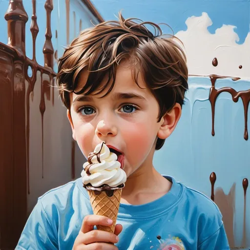 Prompt: Please produce a painted portrait of a brunette boy licking a chocolate ice cream cone, drips on his shirt