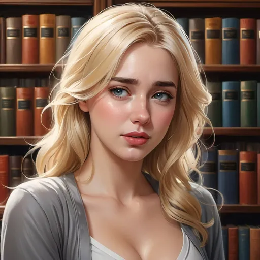 Prompt: Please produce a painted portrait of a blonde haired girl crying, intricate, elegant, highly detailed, digital painting, art station, concept art, smooth, sharp focus, illustration, ((Giant extra huge massive chest)), grayish skin, books, library