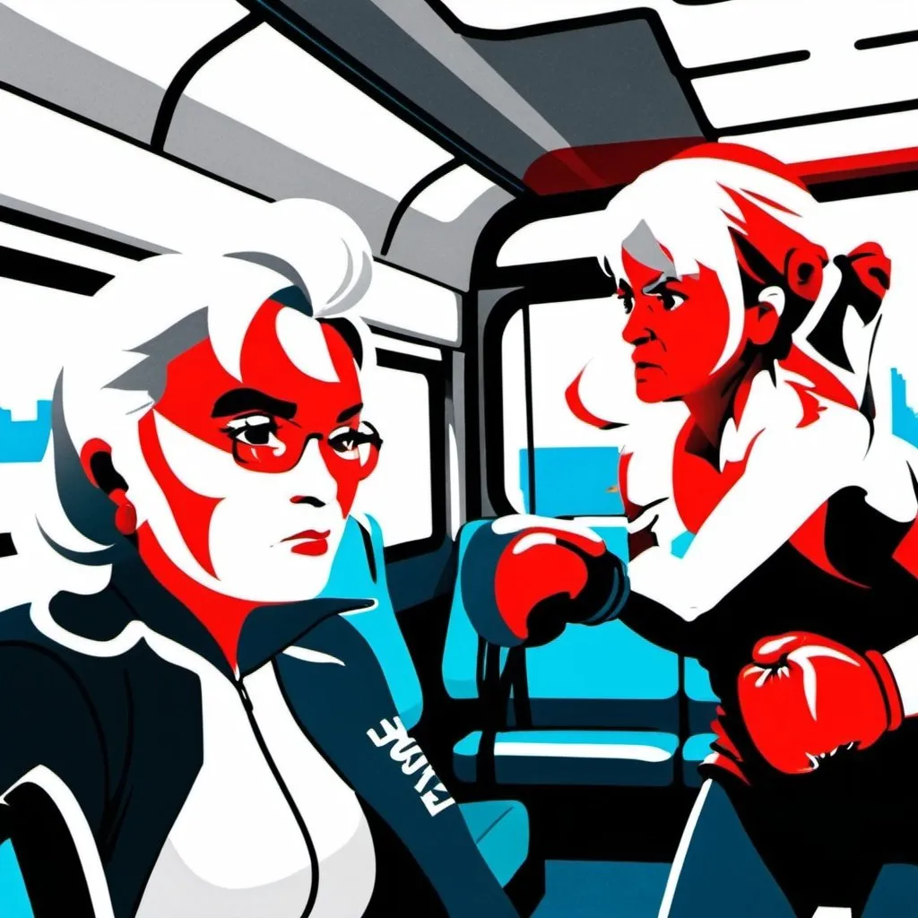 Prompt: A boxer with red gloves punching an old gray haired woman on a bus