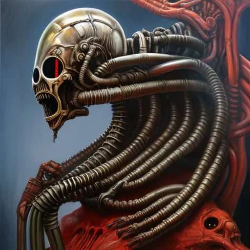 Prompt: Oil painting in the style of H.R. Giger, face hugger, surgery, red warning lights