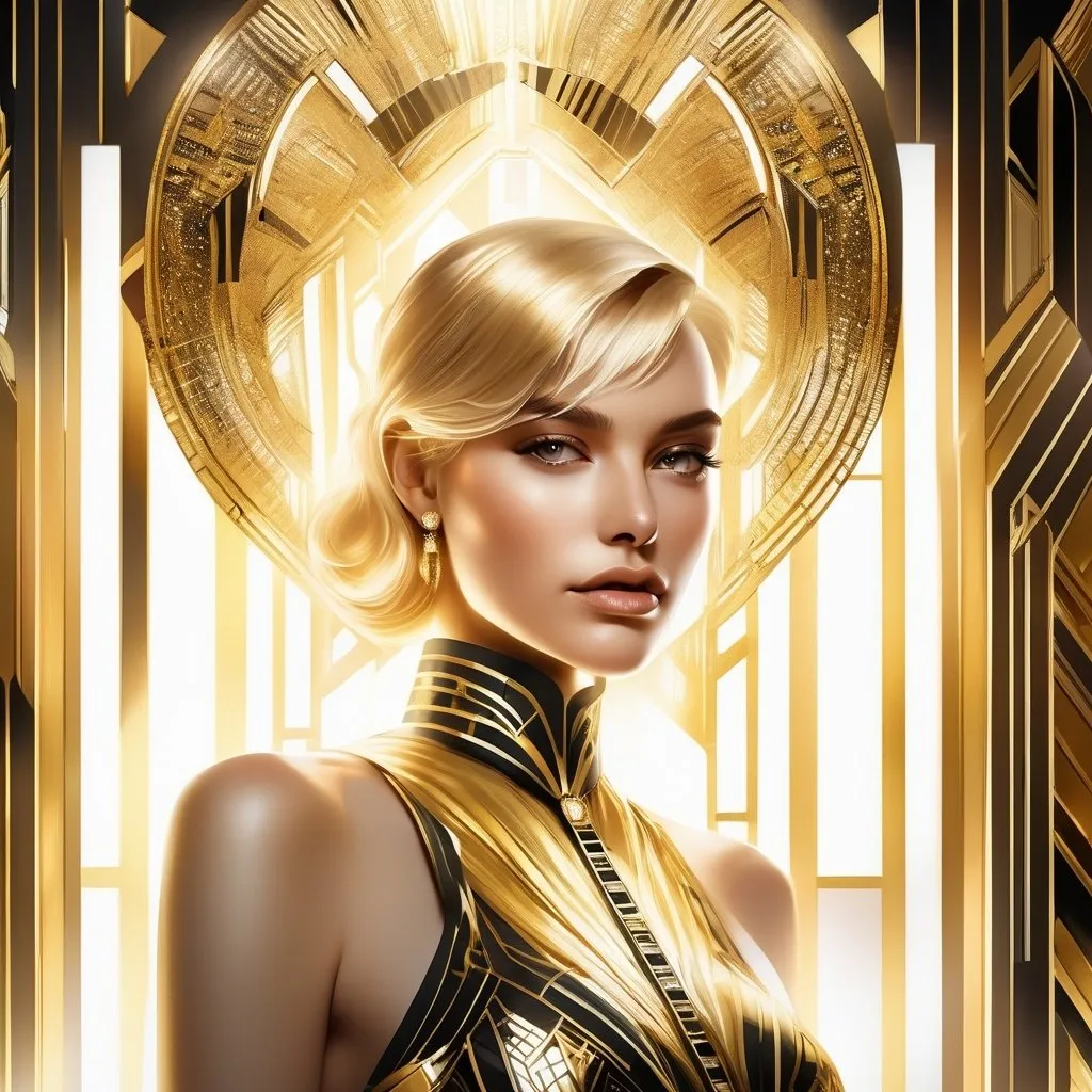 Prompt: portrait, close up, light hair, female with cyber implants standing in an art deco penthouse, black and gold, jeweled, high contrast