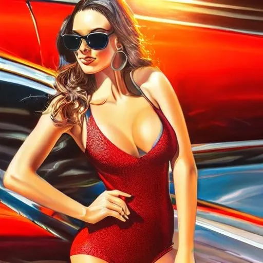 Prompt: shapely brunette with sunglasses in the style of Boris Vallejo, red tank top, highly detailed, dynamic lighting, perfect composition, high quality, sharp focus, vibrant, HDR, UHD, 8k, professional