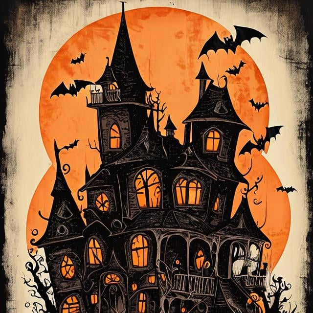 Prompt: retro, beistle, Halloween, vintage, decoration, skeleton, witch pumpkin, goblin, bat, haunted house, johanna parker