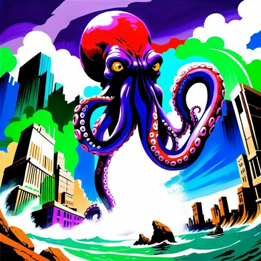 Prompt: Please produce oil painted portrait of a giant. huge purple octopus destroying a coastline city, highly detailed, digital painting, art station, concept art, smooth, sharp focus, illustration, green skin, snakes, Long shot, in the style of Frank Frazetta