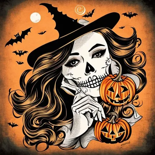 Prompt: Halloween graphic drawing, vintage retro look, witch, skeleton, goblin, bat