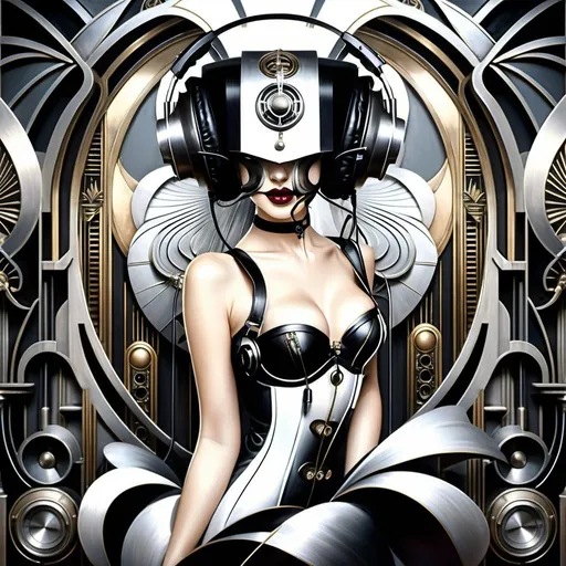 Prompt: Photo of a beautiful woman with headphones, surrounded by art deco elements and dieselpunk machinery, capturing the essence of gothic pop surrealism. 128k, highly detailed, surealism, giger, muted colors