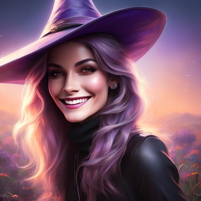 Prompt: head shot, detailed painting, skinny witch, laughing, purple skin, black hair, outdoor, ghosts, HDR, UHD, 64K, highly detailed, studio lighting, Professional, trending on artstation, harvest moon