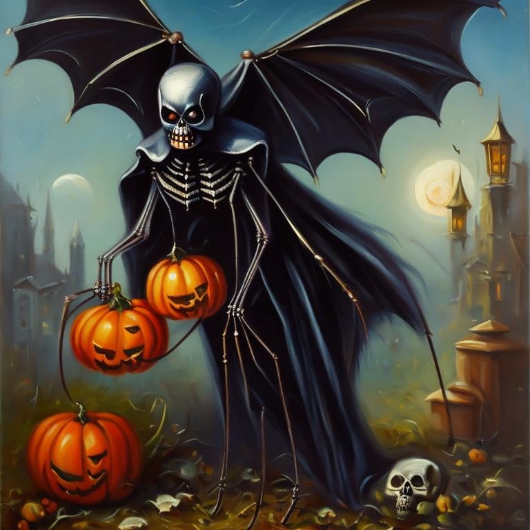 Prompt: Halloween oil painting, vintage retro look, spider, skeleton, goblin, bat, witch