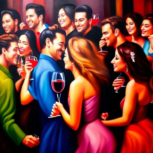 Prompt: a oil painting of people drinking wine and dancing at a party