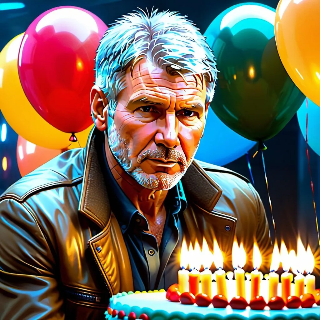 Prompt: zoom out, full body of harrison ford,  rick deckard, blade runner movie, blade runner 2049, birthday cake, candles, balloons, party,the future, intricate detail, high quality, easter eggs, intricate detail, high quality, high detail, masterpiece, intricate facial detail, high quality, detailed face, intricate quality, intricate eye detail, highly detailed, high resolution scan, intricate detailed, highly detailed face, Very detailed, high resolution, HDR, UHD, 64K