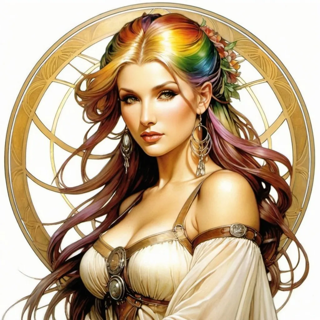 Prompt: The golden ratio,  Alphonse Mucha, Luis Royo, Joyce ballantyne, rainbow hair