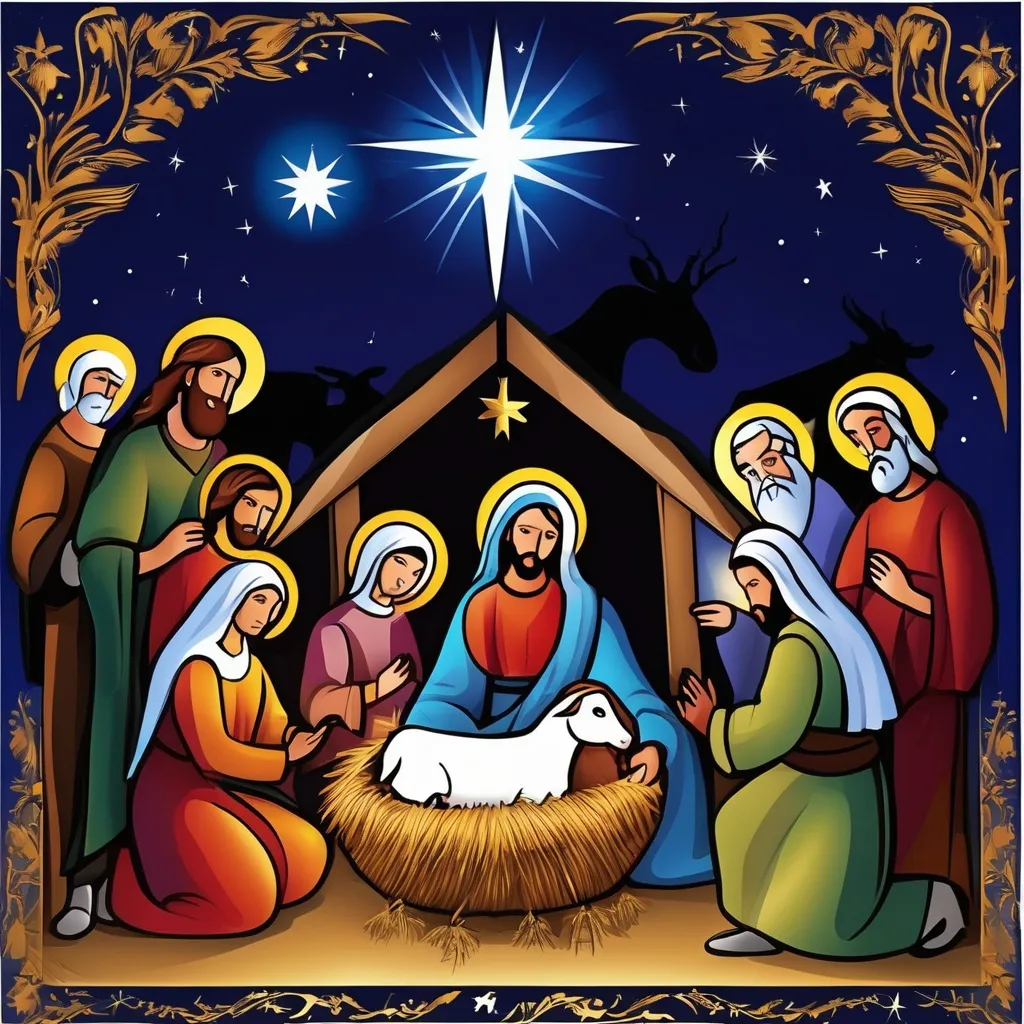 Prompt: Create me a image to wish family on Christmas day. The image need to be in Jerusalem barn with Mother Mary and jesus born surrounded by 4 people.were jesus born image. There should be a star on the sky. Additionally write a message on the down as Merry Christmas. The image need to visible of sky with one star . Include goat, cow 1 each and sheep 3.