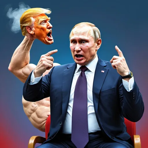 Prompt: Putin dunking on Trump, digital illustration, comical expression, exaggerated gestures, high quality, political satire, bold colors, dynamic composition, caricature style, exaggerated facial expressions, satirical, humorous, vibrant colors, professional lighting