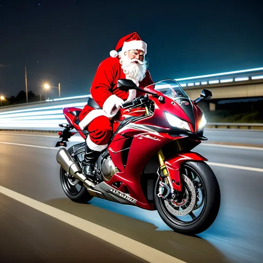 Prompt: santa riding a fireblade on a highway at night
