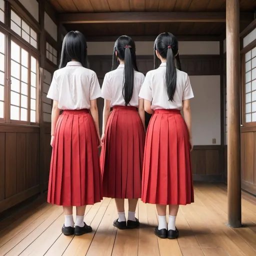 Prompt: The backs of multiple long-straight-black haired anime girls with untied hair who are wearing maxi long pleated red skirts that are extremely long. The girls are standing on a wooden floor while holding each of their own short fat wooden straight poles up in the air. The girls are wearing short-sleeved white buttoned shirts. The long pleated red skirts are very long.