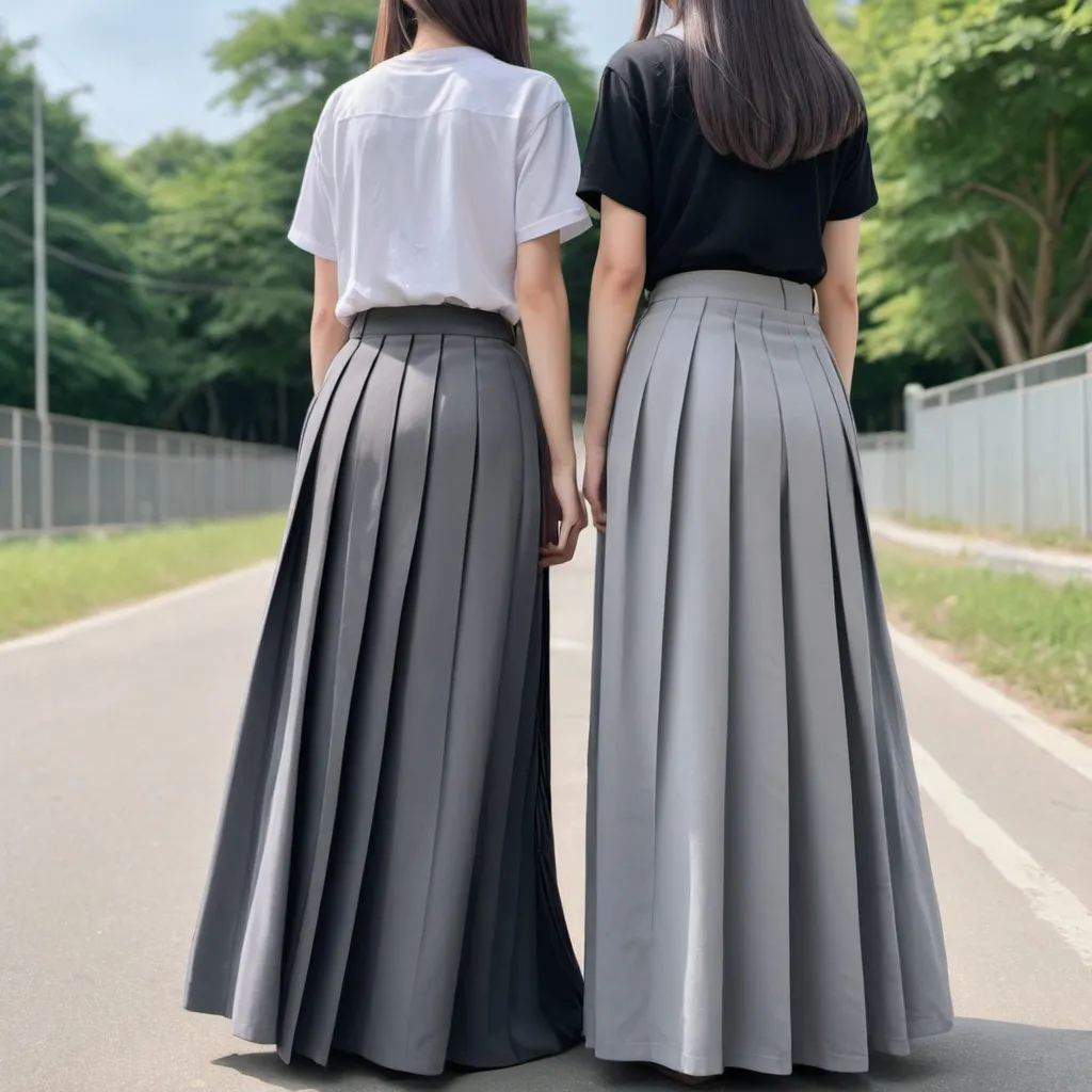 Prompt: The backs of anime girls wearing maxi long pleated grey skirts while holding the backs of their skirts.