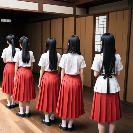 Prompt: The backs of multiple long-straight-black haired anime girls with untied hair who are wearing maxi long pleated red skirts that are extremely long. The girls are standing on a wooden floor while holding each of their own short fat wooden straight poles up in the air. The girls are wearing short-sleeved white buttoned shirts. The long pleated red skirts are very long.