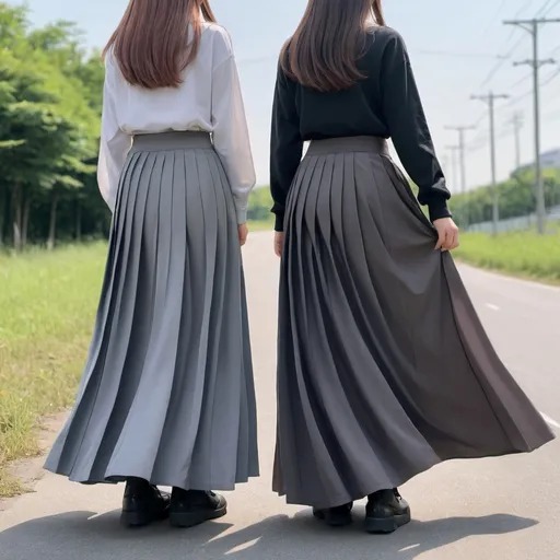 Prompt: The backs of anime girls wearing maxi long pleated grey skirts while holding their skirts.